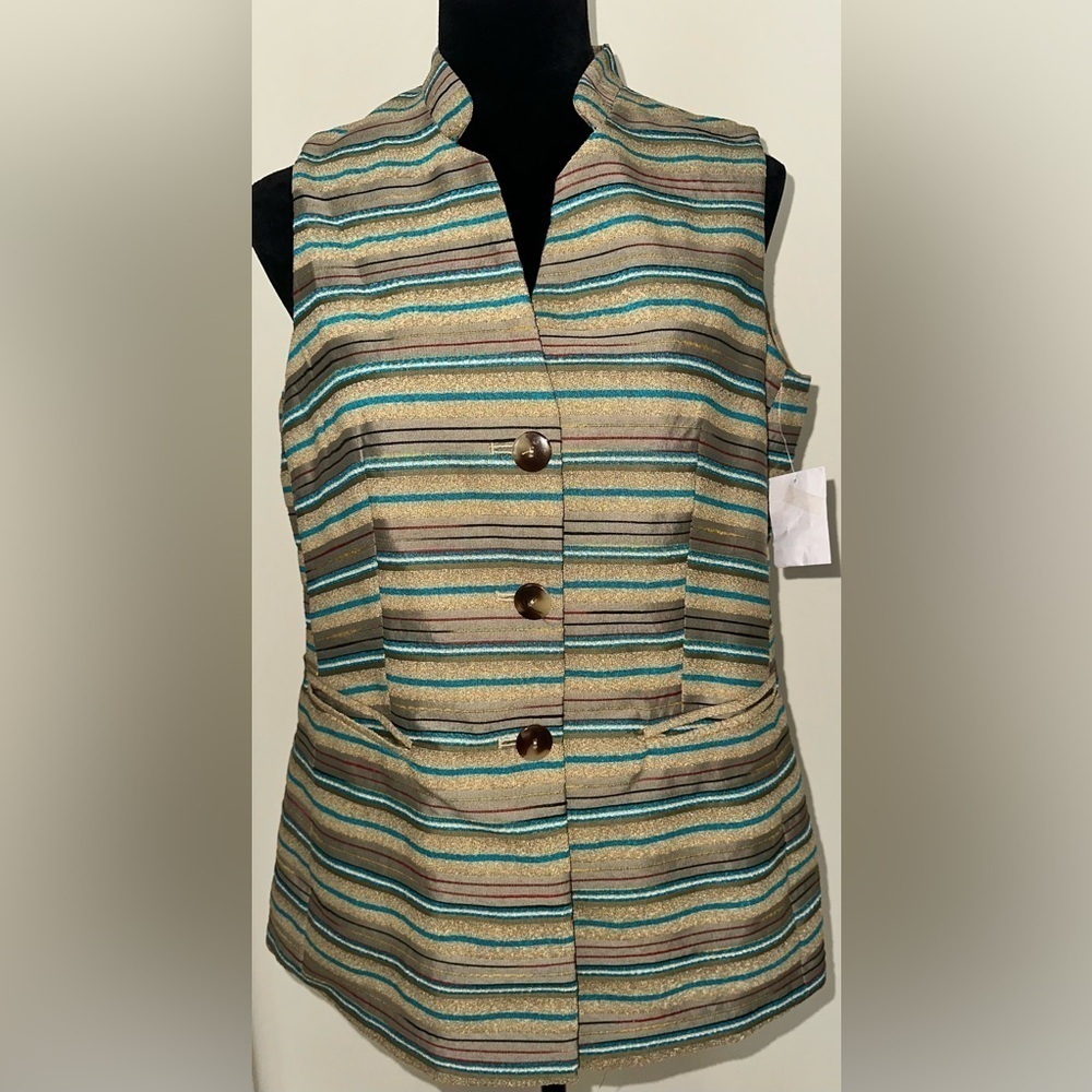 Evan Picone Long Multicolored Striped Button up Lined W/Pockets Vest -Sz 8 -NWOT